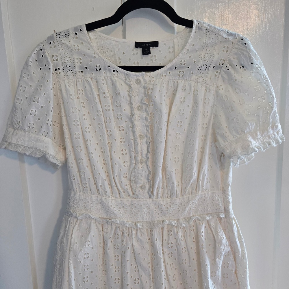 J.Crew White Eyelet Lace Cotton Mini Dress Short Puff Sleeve Button Front Size 4 - Picture 6 of 16